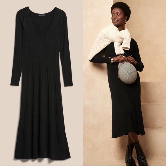 Banana Republic Dresses & Skirts - Banana Republic • Ribbed V-Neck Sweater Dress midi knit black cozy flare a-line